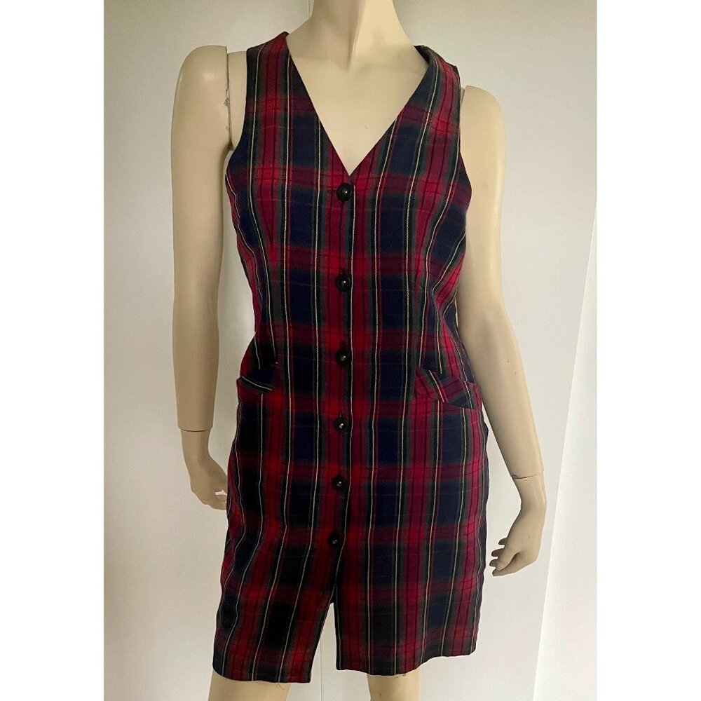 90s Short Plaid Dress, Size 5/6, Sleeveless Red Plaid Dress, Plaid Pinafore